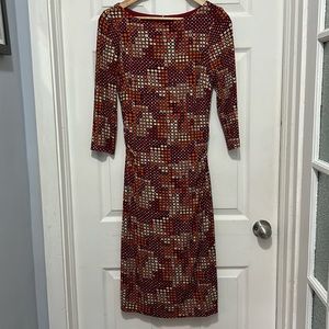 DAVID MEISTER red geometric print midi dress. Size 8